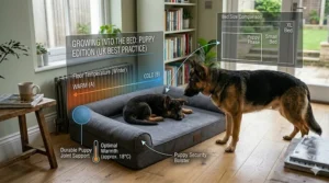 A small German Shepherd puppy resting on a soft, supportive bed, highlighting the importance of joint care from a young age.