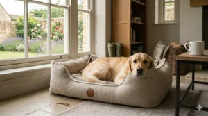 A size guide illustration showing a Golden Retriever standing next to large and extra-large beds with dimensions provided in centimetres.