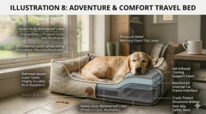 A technical illustration of a crash-tested travel bed for a Golden Retriever, featuring reinforced bolsters and a non-slip safety base.