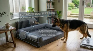 Close-up illustration of durable, chew-resistant fabric used in heavy-duty German Shepherd beds for dogs that tend to bite their bedding.