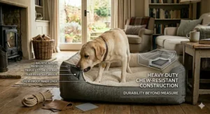 A heavy-duty dog bed with reinforced edges and a chew-resistant inner liner suitable for Labradors.