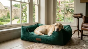 An olive green waterproof dog bed positioned in a traditional British boot room alongside green wellington boots and a boot jack.