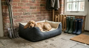 A Cocker Spaniel sleeping in a high-walled, draught-proof grey tweed dog bed, offering extra security and warmth in a rustic home.