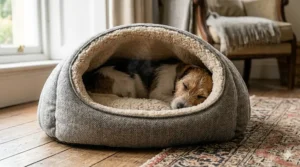 A Jack Russell curled up inside a hooded cave-style dog bed, featuring a warm sherpa lining and tweed exterior.