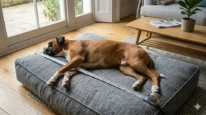 A measurement shot showing an adult Boxer dog sprawling out fully on a large mattress-style bed to demonstrate generous sizing.