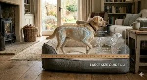 A Labrador size guide in centimetres showing a dog's shoulder height and length relative to a large-sized bed.