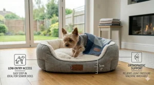 A dog bed with a low-entry front edge and orthopaedic support, allowing senior Yorkshire Terriers to step in easily without straining.