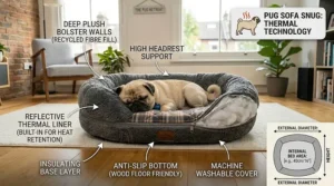 A photorealistic illustration of a thermal bolster bed with high headrest support, showing the reflective thermal liner and anti-slip base for wooden floors.