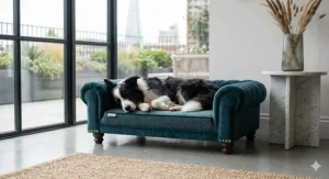 A stylish teal velvet-trimmed bolster sofa bed for a Border Collie in a modern flat with a view of the London skyline.