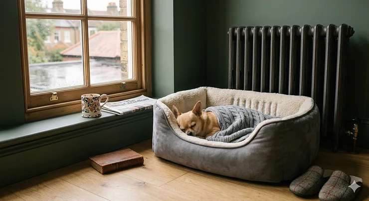 Alt text for image 1: A small short-haired Chihuahua curling up in a luxury grey heated dog bed in a cosy British living room. heated chihuahua beds