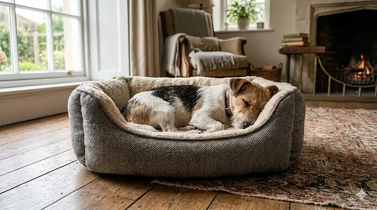 A Jack Russell Terrier sleeping in a luxury grey herringbone dog bed with a fleece interior, placed in a traditional British home with a stone fireplace. jack russell beds