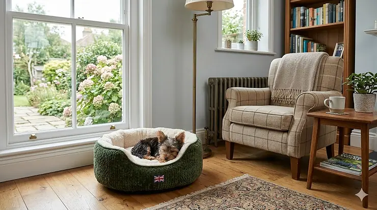 A luxury velvet teacup dog bed in a stylish British living room next to a traditional fireplace. teacup dog beds teacup dog beds