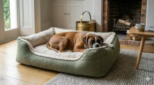 A large Boxer dog resting in a luxury green tweed bolster bed next to a traditional brick fireplace in a British living room.