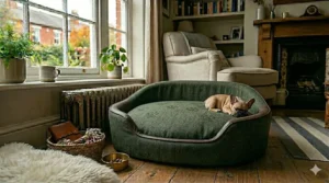 Alt text for image 9: A stylish velvet French Bulldog bed in charcoal grey, designed to complement modern British home interiors.