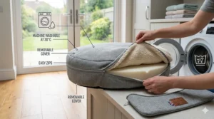 An illustration showing a removable, machine-washable dog bed cover being unzipped, highlighting easy maintenance for UK pet owners.