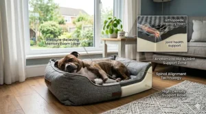 A cross-section illustration of a memory foam dog bed providing joint support for senior Staffies.