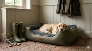 A cross-section illustration of an orthopaedic dog bed showing memory foam layers designed for a senior Golden Retriever's joint support.