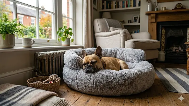 Alt text for image 2: Diagram showing an orthopaedic memory foam bed providing joint support for a French Bulldog. french bulldog beds