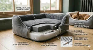 Alt text for image 4: A detailed cross-section diagram showing orthopaedic memory foam layers and a low-voltage heating element in a heated chihuahua bed for joint care.