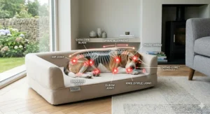 A side-view illustration of a memory foam dog mattress showing how it supports a Beagle’s joints and spine.