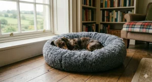 A photorealistic cutaway of a dachshund bed showing the internal orthopaedic memory foam layers designed for spinal support and back health.