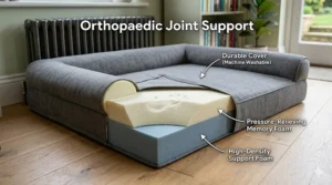Technical illustration showing the internal layers of a supportive orthopaedic memory foam mattress designed to support a German Shepherd's joints and hips.