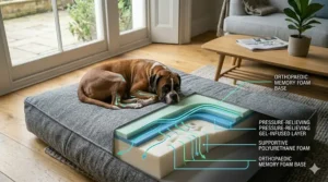A technical cutaway diagram showing the internal memory foam and support layers of an orthopaedic bed for Boxer dogs.
