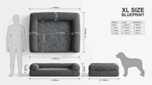 A technical diagram showing the internal layers of an orthopaedic memory foam dog bed designed for joint support in large breeds.