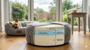 A cross-section diagram showing the internal layers of an orthopaedic memory foam dog bed designed to support Yorkie joint health.