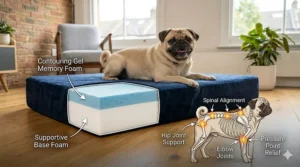 A detailed technical cutaway showing the contouring gel memory foam and supportive base layers of an orthopedic pug bed with spinal alignment call-outs.