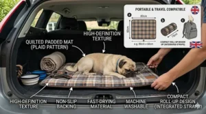 A quilted plaid travel mat for pugs pictured in a car boot, featuring a diagram of its compact roll-up design and integrated carrying straps.