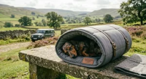 A dapple dachshund tucked into a rolled-up grey travel bed on a stone wall in the British countryside with a Land Rover in the background.