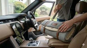 A compact, foldable travel bed for Yorkies with secure straps, ideal for car journeys and staycations in the UK.