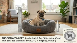 A size comparison image featuring an adult pug named Alfie in a donut bed, including a measurement scale in centimetres and inches for UK buyers.