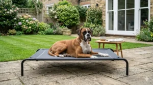 A fawn Boxer dog relaxing on a black raised mesh dog bed on a stone patio in a typical British garden.