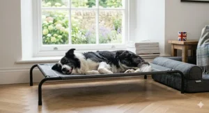 A Border Collie lying on a raised mesh cooling bed in front of a window during a British summer afternoon.