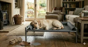 A raised mesh cooling bed for Labradors to encourage air circulation during the British summer months.