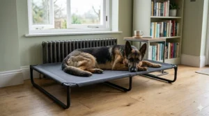 An elevated or raised dog bed for a German Shepherd, designed to improve airflow and keep the dog off cold tiled floors.