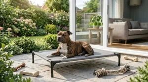 A breathable, raised outdoor dog bed suitable for a British garden during the summer months.