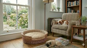 A miniature raised wooden bed frame for teacup dogs, keeping pets off cold kitchen floors.