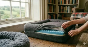 A person unzipping a durable tweed bed cover to reveal the orthopaedic foam, demonstrating easy maintenance for dachshund owners.