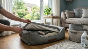 An illustration showing a removable, machine-washable cover being zipped off a Staffie bed for easy cleaning.