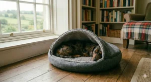 A dapple dachshund in a thermal self-warming bed near a traditional cast iron radiator, with frost on the window showing a British winter scene.