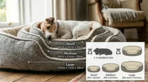 A sizing chart comparing small, medium, and large dog beds to ensure the correct fit for a standard Jack Russell Terrier.