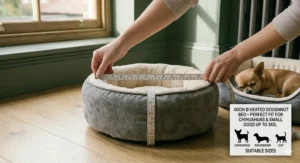 Alt text for image 8: A size guide illustration showing a 40cm round heated doughnut bed being measured with a metric tape for a small dog.