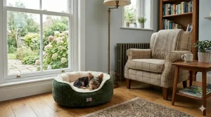A soft grey donut-shaped bed for teacup dogs, designed for calming and anxiety relief.