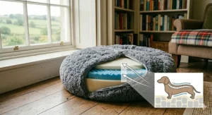 A dapple dachshund sleeping inside a cosy fleece-lined snuggle cave bed, providing a secure burrowing environment for sausage dogs in a British home.