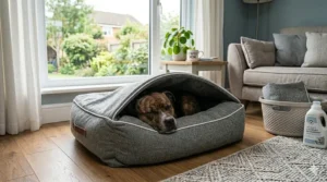 A hooded cave style bed, perfect for Staffies who enjoy burrowing under blankets to stay warm.
