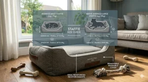 A size guide showing the ideal dimensions for a Staffie bed to ensure plenty of room for stretching.
