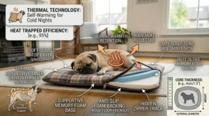 A comprehensive technical diagram of a self-warming pug mat, illustrating heat retention layers and skeletal support for cold UK nights.